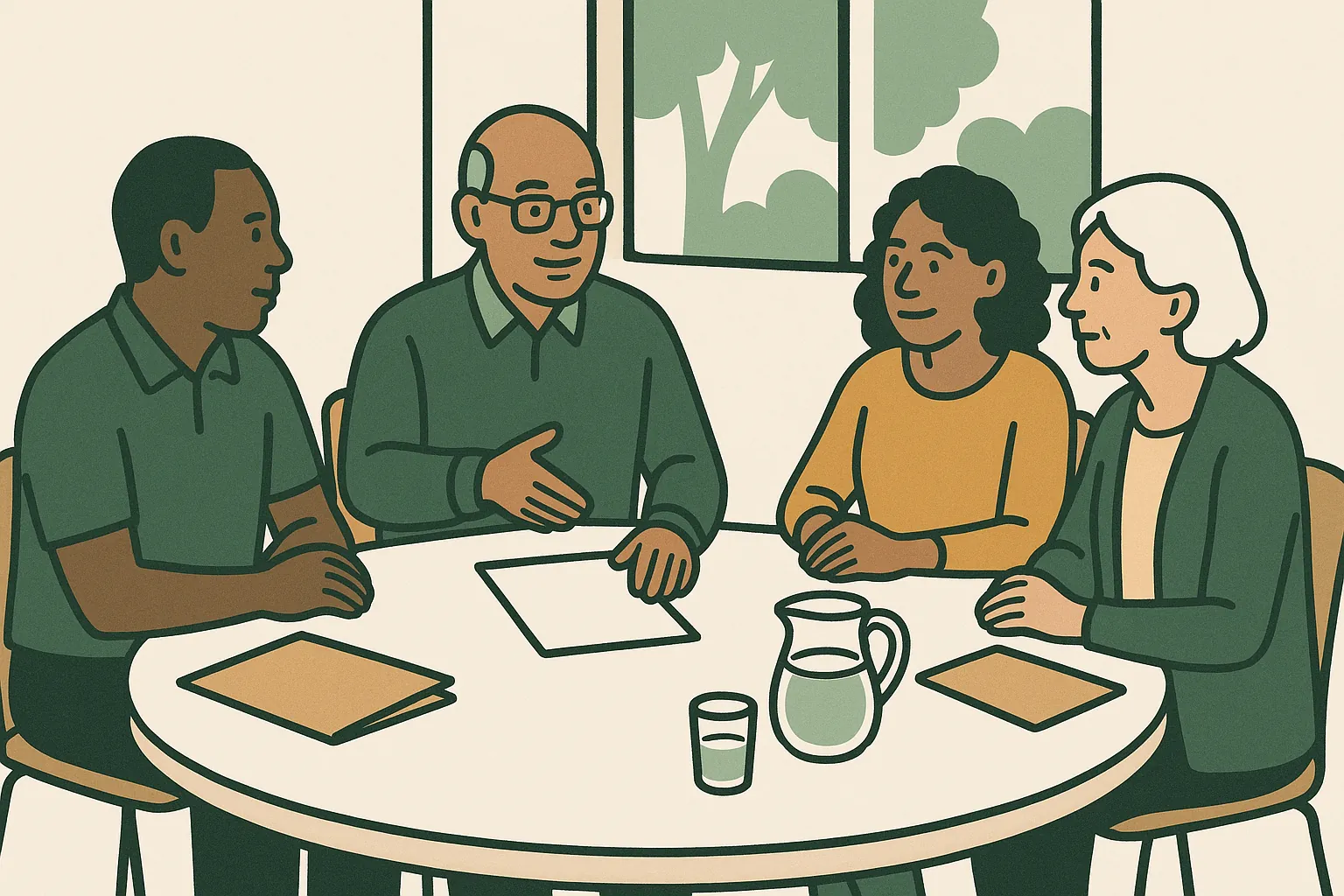 HOA board members at a clubhouse table reviewing a printed meeting agenda