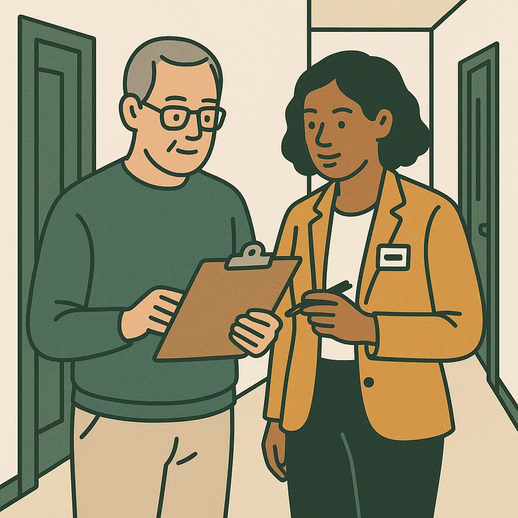 Volunteer treasurer reviewing a clipboard with a property manager