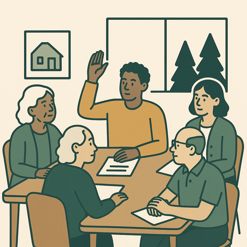 Residents seated around a table at a clubhouse board meeting